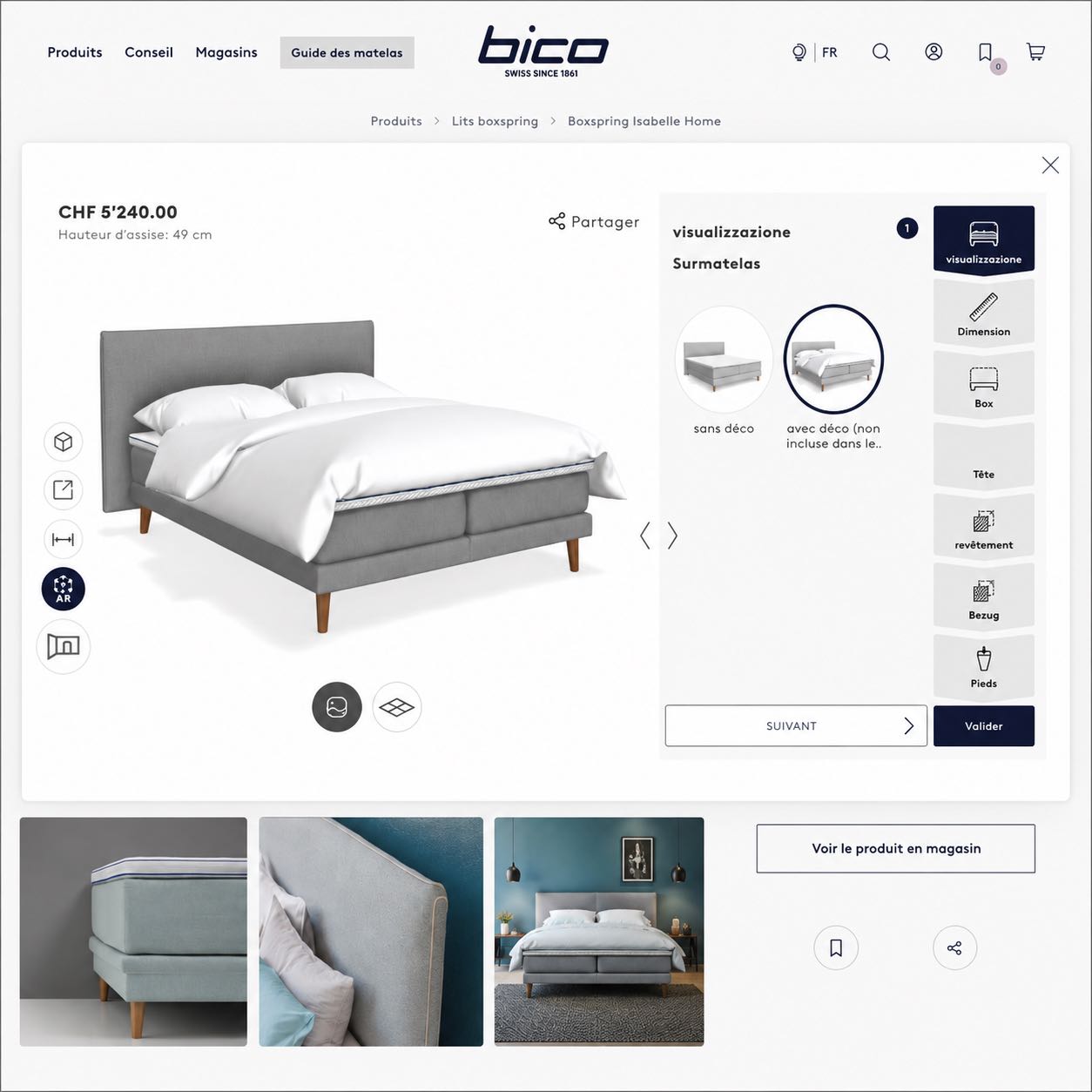 Configurateur lit boxspring Valais avec modèle Bico personnalisé