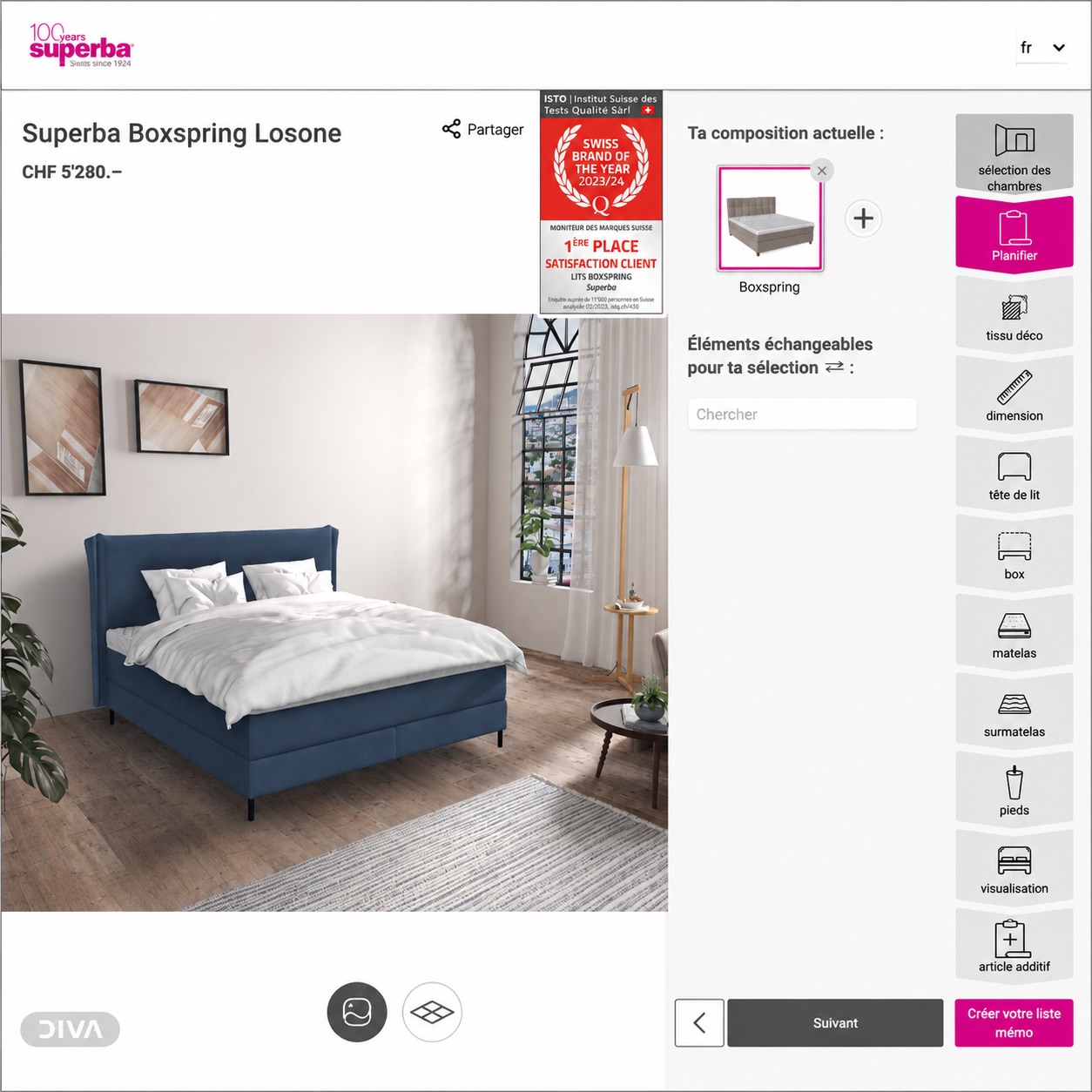 Lit Superba personnalisable avec configurateur lit boxspring Valais